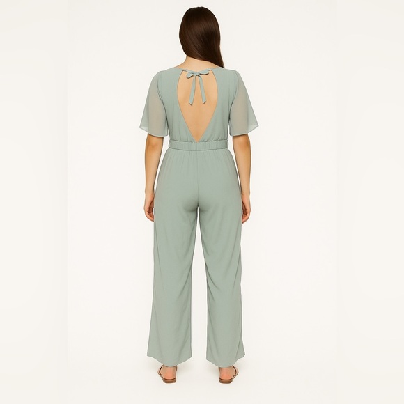 Zara Collection Womens Cutout Back Wide Leg Mint Green Flowy Jumpsuit  Sz. M NWT - Picture 2 of 10